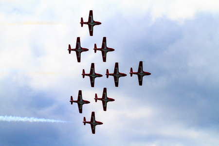 SPRINGBANK  CANADA - JUN 20, 2015: The Snowbirds Demonstration Team demonstrate the skill, professionalism, and teamwork of Canadian Forces personnel during the Wings Over Springbank.のeditorial素材