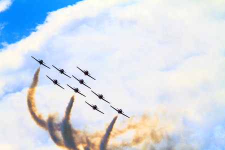 SPRINGBANK  CANADA - JUN 20, 2015: The Snowbirds Demonstration Team demonstrate the skill, professionalism, and teamwork of Canadian Forces personnel during the Wings Over Springbank.のeditorial素材