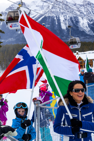 LAKE LOUISE ALBERTA CANADA - DECEMBER 7. 2015: The R.C,M,P and representatives of competitors and organizers during the opening ceremony of the Alpine Ski Ladies Super G event.のeditorial素材