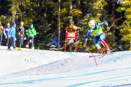 LAKE LOUISE, ALBERTA CANADA - OCT.29.2015. : 64 official entry speeds down the course during the Audi FIS Alpine Ski World Cup Men's race. The average speed is 132 kmh during the race.のeditorial素材