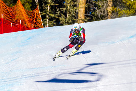 LAKE LOUISE, ALBERTA CANADA - OCT.29.2015. : 64 official entry speeds down the course during the Audi FIS Alpine Ski World Cup Men's race. The average speed is 132 kmh during the race.のeditorial素材