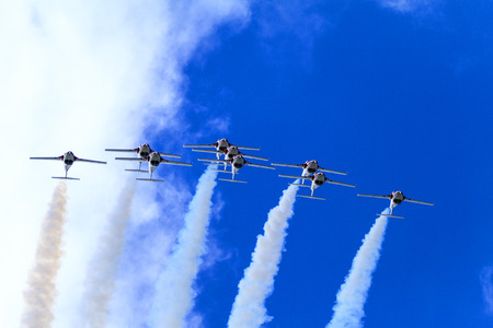 LETHBRIDGE CANADA - JUN 25, 2015: The Snowbirds Demonstration Team demonstrate the skill, professionalism, and teamwork of Canadian Forces personnel during the Wings Over Lethbridge.のeditorial素材