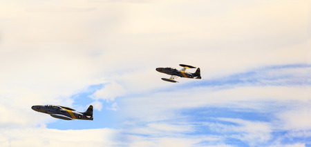 LETHBRIDGE CANADA 25 JUN 2015: International Air Show. A Canadair T-33 Shooting Star flying at the Canadian Wings Over North Lethbridge event.のeditorial素材