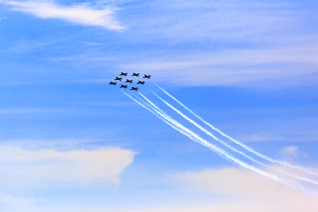 LETHBRIDGE CANADA - JUN 25, 2015: The Snowbirds Demonstration Team demonstrate the skill, professionalism, and teamwork of Canadian Forces personnel during the Wings Over Lethbridge.のeditorial素材