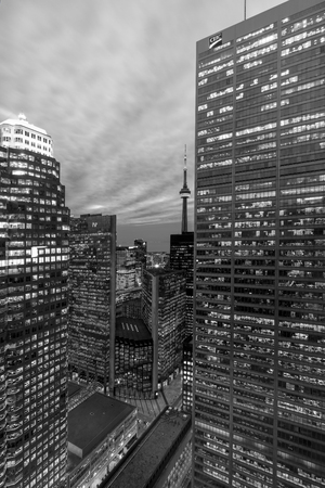 TORONTO CANADA 5.FEB. 2016:Aerial view of Toronto Downtown Core at night. Toronto is the most populous city in Canada and the provincial capital of Ontario. (GTA) which contains 6.2 million people.のeditorial素材