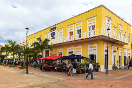 COZUMEL MEXICO JAN 26 2016:Colorful souvenir, coffee shops located in town. Tourists can buy various souvenirs as a memory about beautiful Tropical Island. The economy of Cozumel is based on tourism.のeditorial素材