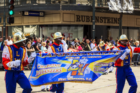 NEW ORLEANS USA FEB 1 2016: Mardi Gras parades through the streets of New Orleans. People celebrated crazily. Mardi Gras is the biggest celebration the city of New Orleans hosts every year.のeditorial素材
