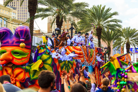 NEW ORLEANS USA FEB 1 2016: Mardi Gras parades through the streets of New Orleans. People celebrated crazily. Mardi Gras is the biggest celebration the city of New Orleans hosts every year.のeditorial素材
