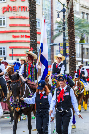 NEW ORLEANS USA FEB 1 2016: Mardi Gras parades through the streets of New Orleans. People celebrated crazily. Mardi Gras is the biggest celebration the city of New Orleans hosts every year.のeditorial素材