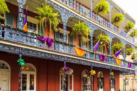 NEW ORLEANS, LOUISIANA USA- JAN 23 2016: Pubs and Bars having colorful lights and decorations in the French Quarter. Tourism provides a much needed financial source, also home for great musicians.のeditorial素材
