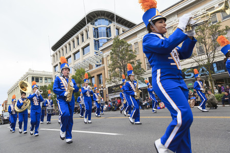 VICTORIA,BC,CANADA-MAY 22,2016: Battle of Marching Bands from Canada and USA in the Victoria Day in front of Parliament House. This is Victoria's largest parade, attracting well over 100,000 people..のeditorial素材