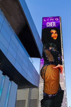 LAS VEGAS - JULY 7, 2015 -The LINQ Sign in Las Vegas. The LINQ is the open-air shopping and dining area leading up to The High Roller Wheel the world's largest observation wheel.のeditorial素材