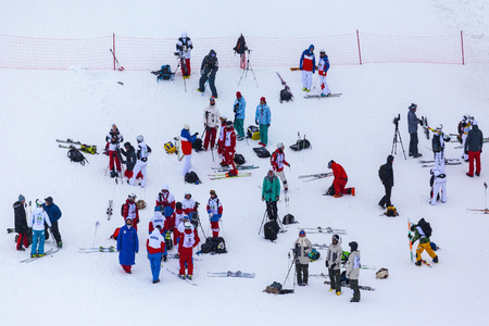 CALGARY CANADA JAN 2 2015. FIS Freestyle Ski World Cup, Winsport, Calgary unidentified contender at the Mogul Free Style World Cup on practice day.のeditorial素材