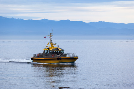 VICTORIA, BC, CANADA MAY 21 2016: Pilot Boat approaches a cruise. Each year hundreds of cruise ships docks in for a day or two. Victoria's charm and beauty has a lot to offer for any world traveler.のeditorial素材