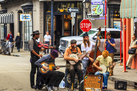 NEW ORLEANS, LOUISIANA USA- FEB 2 2016: An unidentified local jazz band performs in the New Orleans French Quarter, to the delight of visitors and music lovers in town.のeditorial素材