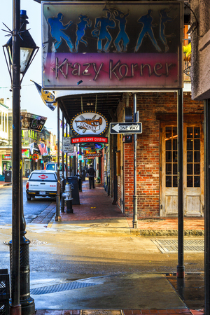 NEW ORLEANS, LOUISIANA USA- JAN 23 2016: Pubs and Bars having colorful lights and decorations in the French Quarter. Tourism provides a much needed financial source, also home for great musicians.のeditorial素材