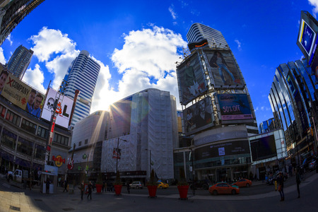 TORONTO CANADA 16-10-2015:Office buildings stretch up to the blue sky in the financial district in downtown. Toronto has prominent buildings in a variety of styles by many famous architects.のeditorial素材