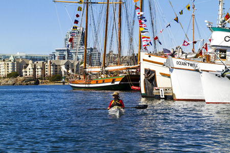 VICTORIA BC CANADA SEPT 3 2017: Vintage boat sails on the Victoria Classic Boat Festival. This vintaのeditorial素材