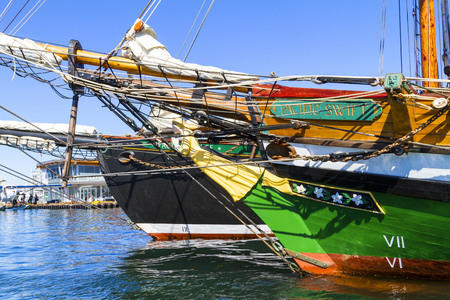 VICTORIA BC CANADA SEPT 3 2017: Vintage boat sails on the Victoria Classic Boat Festival. This...