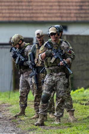 Nagyatad Hungary Sept 23 2018: Hungarian special military units during an Urban Warfare Exercise. This was an open event for public during the Hungarian Military Daysのeditorial素材