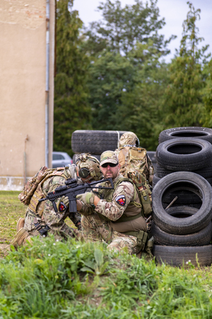 Nagyatad Hungary Sept 23 2018: Hungarian special military units during an Urban Warfare Exercise. This was an open event for public during the Hungarian Military Daysのeditorial素材