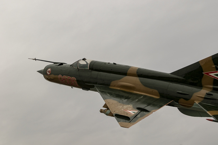 Budaors Hungary - Sept 2 2018: Mig 21 veteran fighter jet from the Cold War area. This is the last flying MIG 21 from the Hungarian Airforce.のeditorial素材