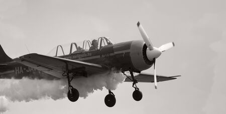 Dunakeszi Hungary - Jun 8 2019: Yak-52 aircraft. Hungarian flying team performing with Mr. Gy. Vari...