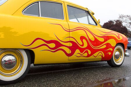 Victoria, B.C. Canada - Sept 9, 2017: Exotic vintage classic motorcar on display on a rainy day at the Esquimalt Celebration of Lights Vintage Car Show.のeditorial素材