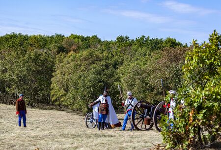 PÃ¡kozd Hungary Sept 29, 2019: Unidentified reenactors fighting the historic war of Independence of 1848 in Hungary. That battle was won -however, the freedom was short-lived.のeditorial素材