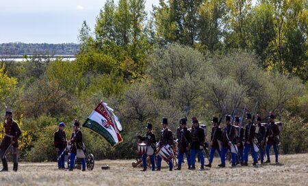 PÃ¡kozd Hungary Sept 29, 2019: Unidentified reenactors fighting the historic war of Independence of 1848 in Hungary. That battle was won -however, the freedom was short-lived.のeditorial素材