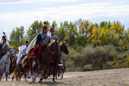 PÃ¡kozd Hungary Sept 29, 2019: Unidentified reenactors fighting the historic war of Independence of 1848 in Hungary. That battle was won -however, the freedom was short-lived.のeditorial素材