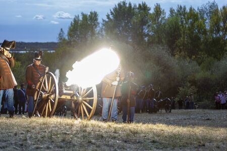 PÃ¡kozd Hungary Sept 29, 2019: Unidentified reenactors fighting the historic war of Independence of 1848 in Hungary. That battle was won -however, the freedom was short-lived.のeditorial素材
