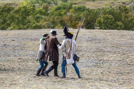 PÃ¡kozd Hungary Sept 29, 2019: Unidentified reenactors fighting the historic war of Independence of 1848 in Hungary. That battle was won -however, the freedom was short-lived.のeditorial素材