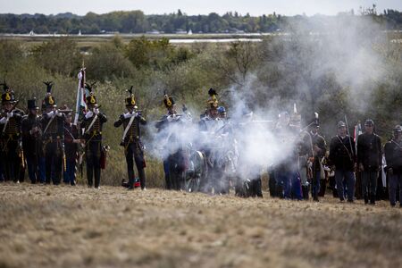 PÃ¡kozd Hungary Sept 29, 2019: Unidentified reenactors fighting the historic war of Independence of 1848 in Hungary. That battle was won -however, the freedom was short-lived.のeditorial素材