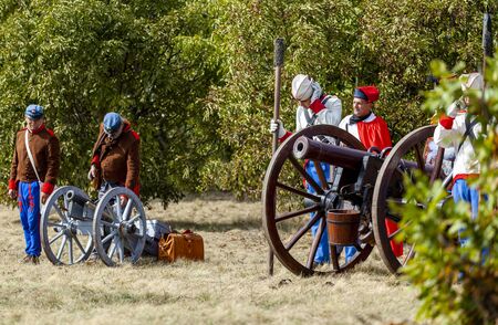 PÃ¡kozd Hungary Sept 29, 2019: Unidentified reenactors fighting the historic war of Independence of 1848 in Hungary. That battle was won -however, the freedom was short-lived.のeditorial素材