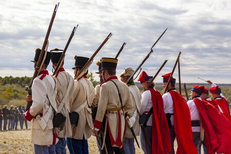 PÃ¡kozd Hungary Sept 29, 2019: Unidentified reenactors fighting the historic war of Independence of 1848 in Hungary. That battle was won -however, the freedom was short-lived.のeditorial素材