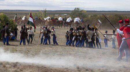 PÃ¡kozd Hungary Sept 29, 2019: Unidentified reenactors fighting the historic war of Independence of 1848 in Hungary. That battle was won -however, the freedom was short-lived.のeditorial素材