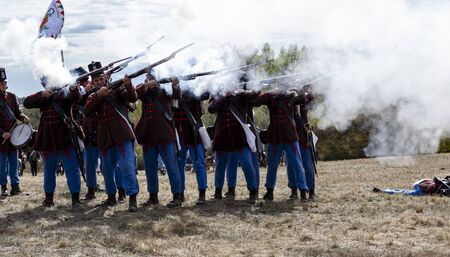 PÃ¡kozd Hungary Sept 29, 2019: Unidentified reenactors fighting the historic war of Independence...