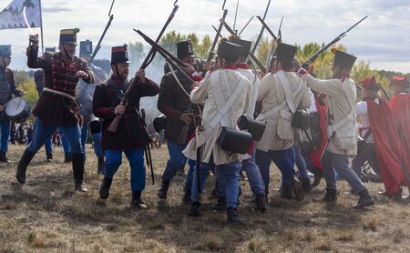 PÃ¡kozd Hungary Sept 29, 2019: Unidentified reenactors fighting the historic war of Independence of 1848 in Hungary. That battle was won -however, the freedom was short-lived.のeditorial素材