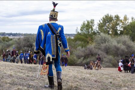 PÃ¡kozd Hungary Sept 29, 2019: Unidentified reenactors fighting the historic war of Independence of 1848 in Hungary. That battle was won -however, the freedom was short-lived.のeditorial素材