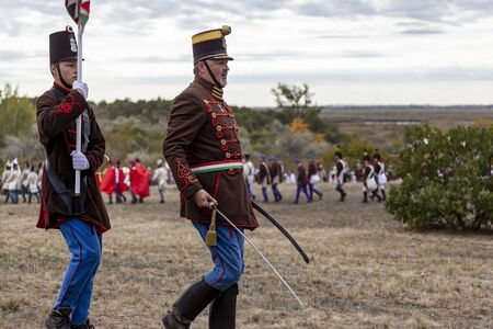 PÃ¡kozd Hungary Sept 29, 2019: Unidentified reenactors fighting the historic war of Independence of 1848 in Hungary. That battle was won -however, the freedom was short-lived.のeditorial素材