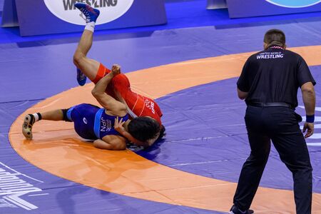 Budapest Hungary Oct 22 2018: Man World Wrestling Championship pre selection where many nations best meets for the final.のeditorial素材