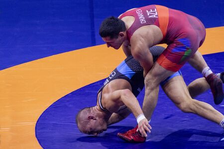 Budapest Hungary Oct 22 2018: Man World Wrestling Championship pre selection where many nations best meets for the final.のeditorial素材