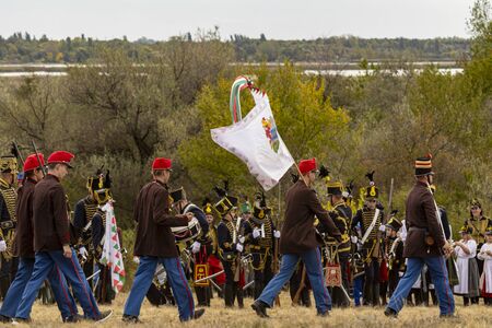 PÃ¡kozd Hungary Sept 29, 2019: Unidentified reenactors fighting the historic war of Independence of 1848 in Hungary. That battle was won -however, the freedom was short-lived.のeditorial素材