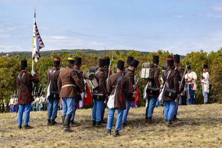 PÃ¡kozd Hungary Sept 29, 2019: Unidentified reenactors fighting the historic war of Independence of 1848 in Hungary. That battle was won -however, the freedom was short-lived.のeditorial素材