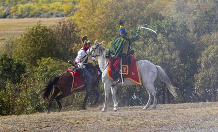 PÃ¡kozd Hungary Sept 29, 2019: Unidentified reenactors fighting the historic war of Independence...