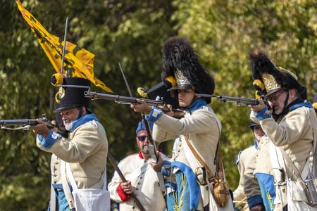 PÃ¡kozd Hungary Sept 29, 2019: Unidentified reenactors fighting the historic war of Independence of 1848 in Hungary. That battle was won -however, the freedom was short-lived.のeditorial素材