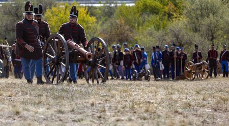 PÃ¡kozd Hungary Sept 29, 2019: Unidentified reenactors fighting the historic war of Independence of 1848 in Hungary. That battle was won -however, the freedom was short-lived.のeditorial素材