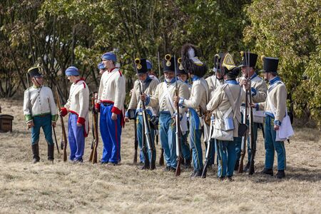 PÃ¡kozd Hungary Sept 29, 2019: Unidentified reenactors fighting the historic war of Independence of 1848 in Hungary. That battle was won -however, the freedom was short-lived.のeditorial素材