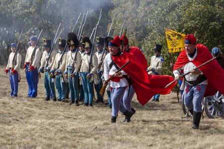 PÃ¡kozd Hungary Sept 29, 2019: Unidentified reenactors fighting the historic war of Independence of 1848 in Hungary. That battle was won -however, the freedom was short-lived.のeditorial素材